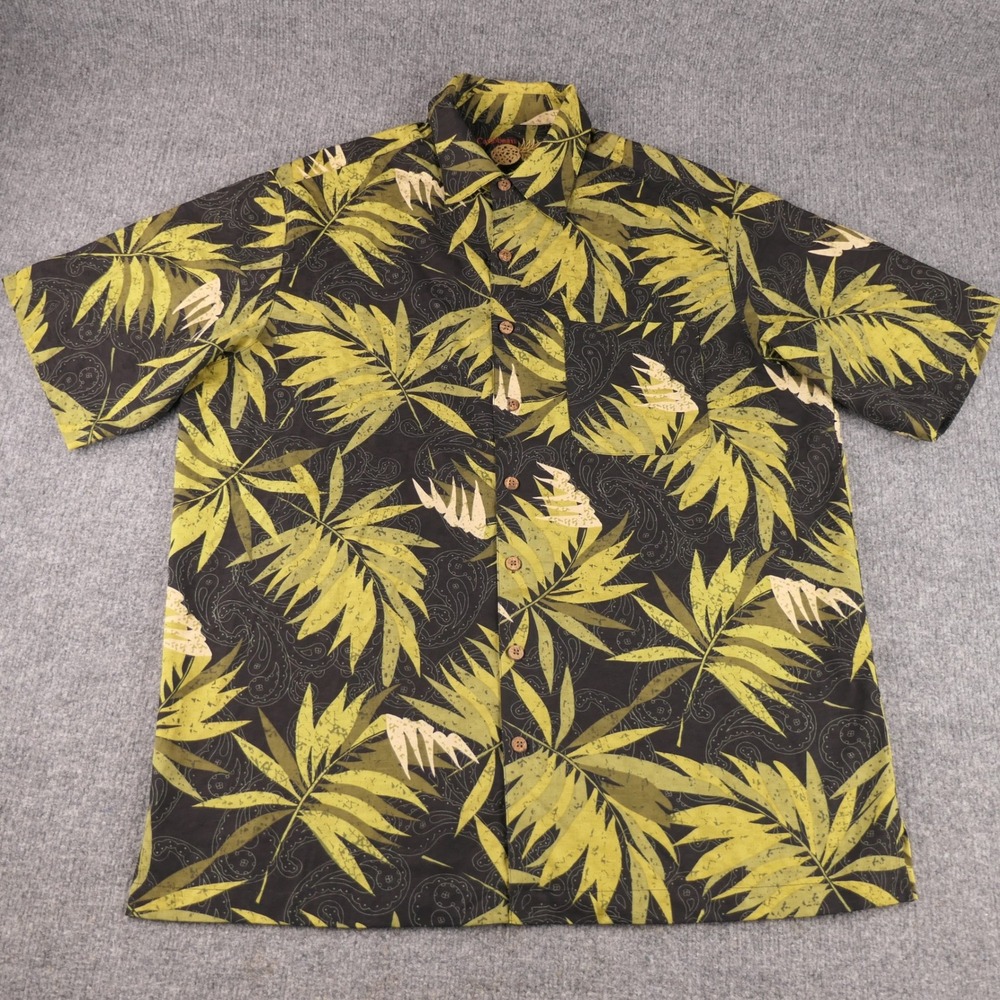 Caribbean Shirt Men Large Tall Black Silk Blend Palm Leaf Tropical Camp Hawaiian
